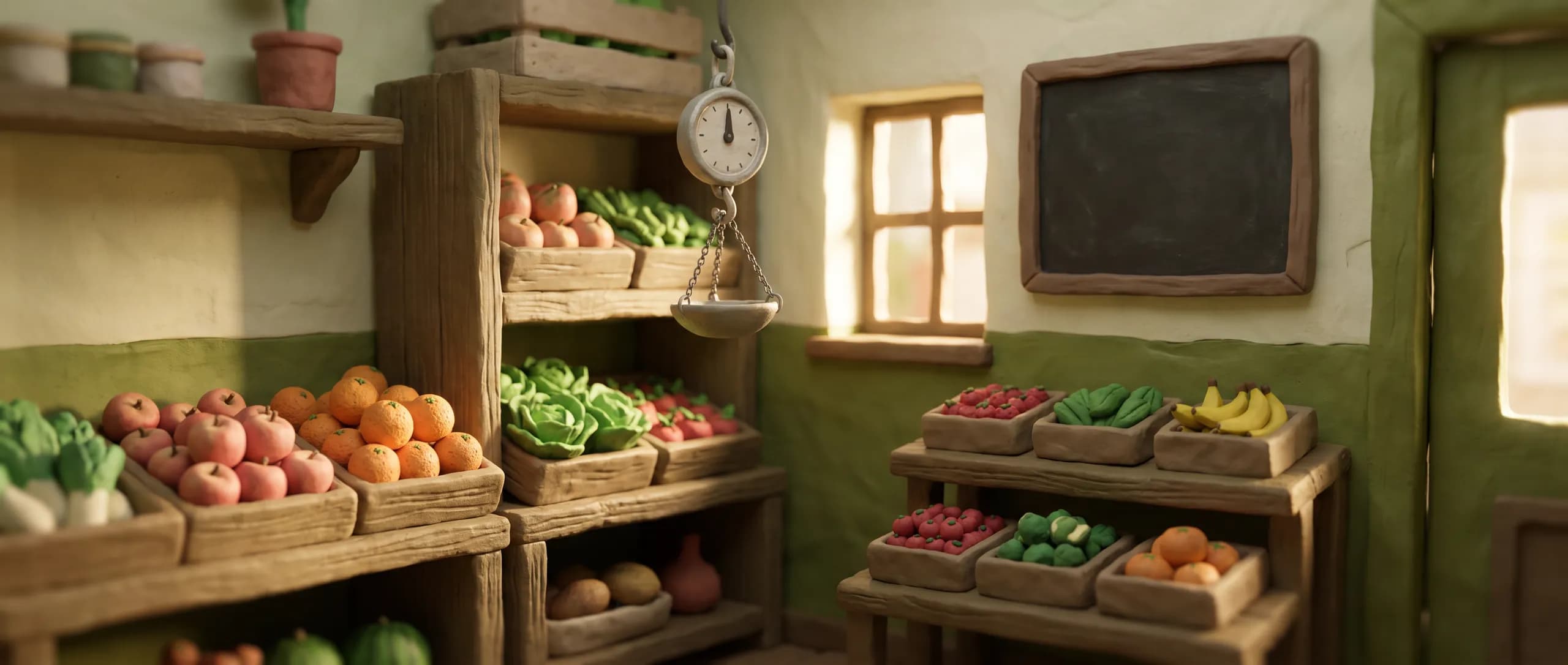 Inside a clay-model grocery — crates of fruit and a hanging scale.