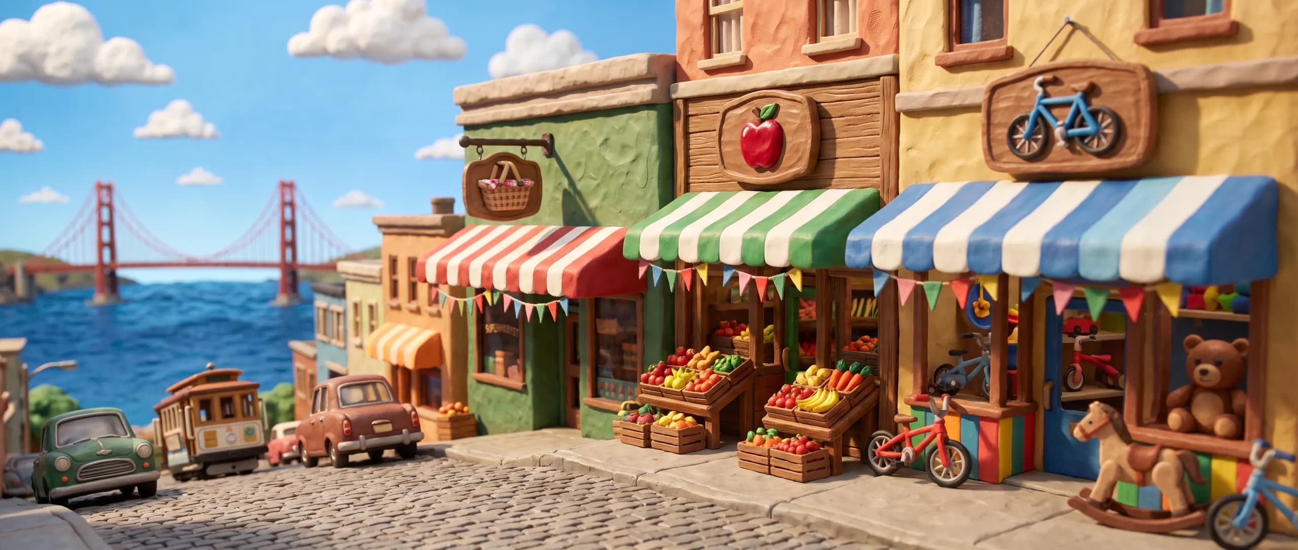 A clay-model street of small storefronts — a grocer's baskets and an apple sign under awnings, the Golden Gate Bridge behind.