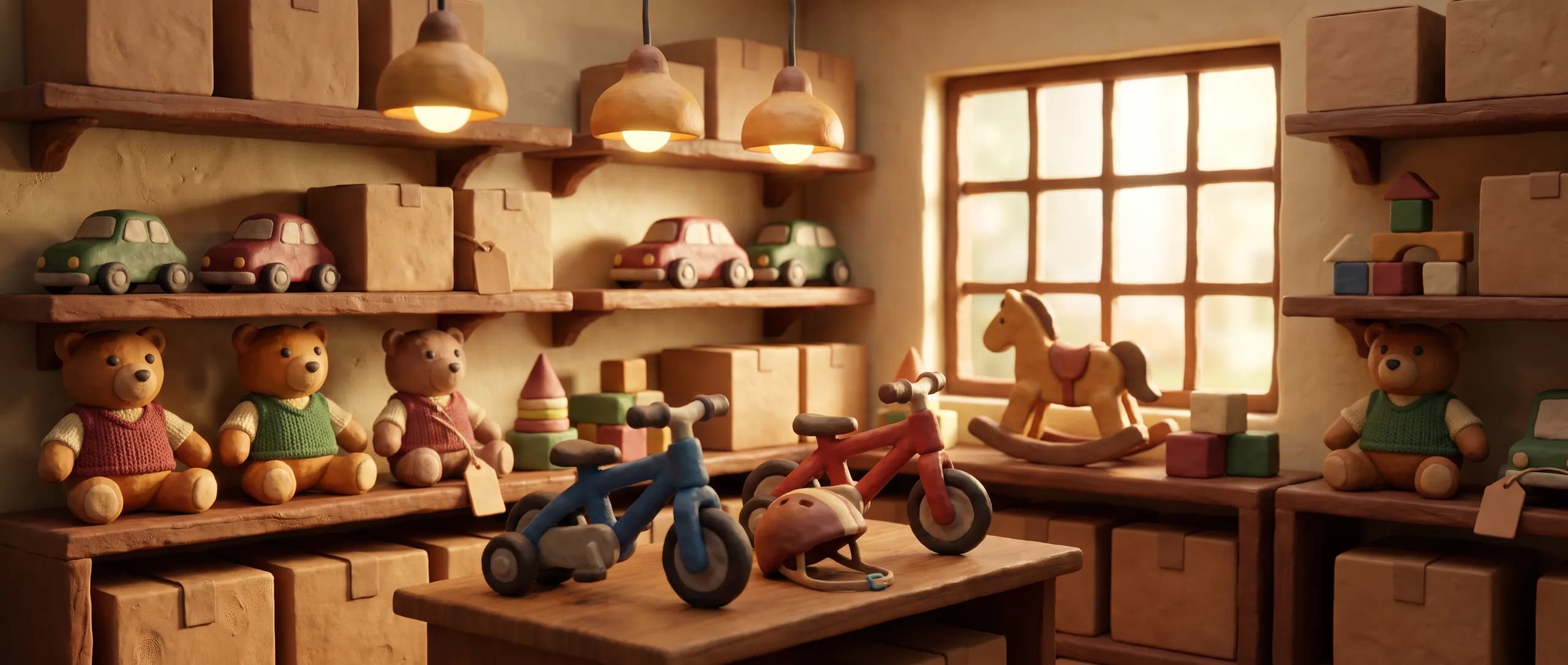 Inside a clay-model toy and bike shop — stocked shelves and a bicycle.